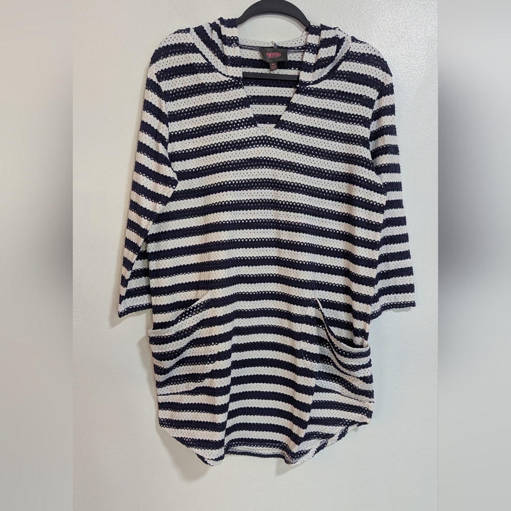 Forcynthia Beachwear Navy Blue White‎ Striped Eyelet Pullover Swim Coverup M